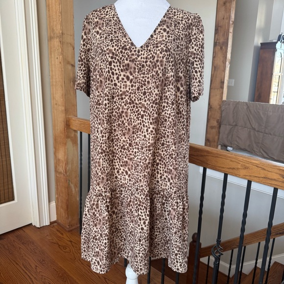 a new day Dresses & Skirts - Leopard Print V-Neck Dress A-line ruffle hem tan brown cream L